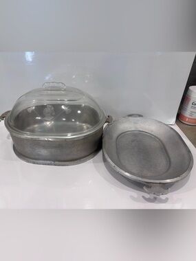 Guardian Service Hammered Aluminum Dutch Oven Roaster w Glass Lid, tray VTG